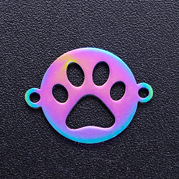 Ion Plating(IP) 201 Stainless Steel Pet Links, Flat Round with Dog Paw Print, Rainbow Color, 12x15.5x1mm, Hole: 1.2mm