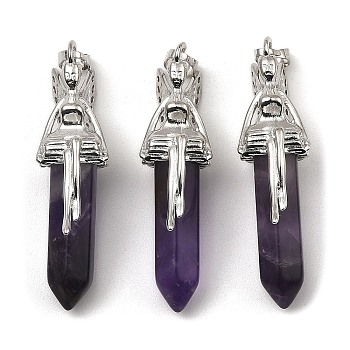 Natural Amethyst Pointed Pendants, Faceted Bullet Charms, with Rack Plating Platinum Plated Brass Fairy, 24x13mm, Hole: 5x8mm