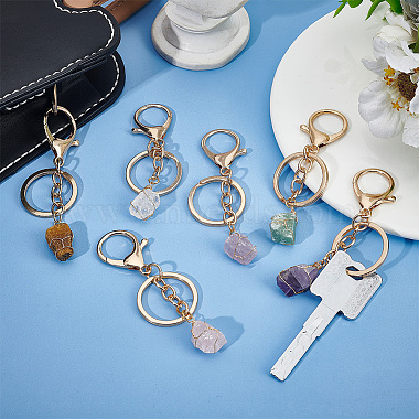 6Pcs 6 Styles Nuggets Natural Gemstone Wire Wrapped Keychain Key Ring(KEYC-NB0001-50)-5