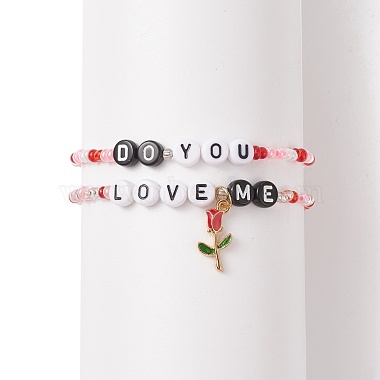 2Pcs 2 Style Word Do You Love Me Plastic Beaded Stretch Bracelets Set with Alloy Enamel Rose Charms(BJEW-JB08700)-4