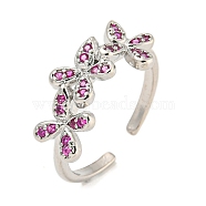 Flower Rack Plating Brass Micro Pave Cubic Zirconia Open Cuff Rings for Women, Cadmium Free & Lead Free, Long-Lasting Plated, Platinum, Medium Violet Red, Flower: 9.8x20.5mm, Adjustable(RJEW-N047-01P-04-RS)