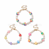 3Pcs 3 Style Natural Pearl & Polymer Clay Beaded Bracelets Set, Smiling Face & Sunflower & Fruit Stackable Bracelets for Women, Mixed Color, 6-7/8 inch(17.5cm), 1Pc/style(BJEW-TA00236)