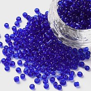 (Repacking Service Available) Glass Seed Beads, Transparent, Round, Blue, 8/0, 3mm, Hole: 1mm, about 12G/bag(SEED-C013-3mm-8)