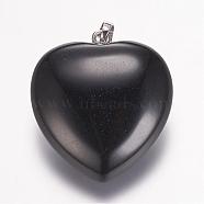 Natural Black stone  Gemstone Pendants, Heart, Platinum, 32.5~34x30x12mm, Hole: 5x8mm(G-E338-10B)