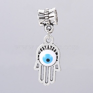 Antique Silver Plated Alloy European Dangle Charms, Large Hole Pendants, with Enamel, Hamsa Hand/Hand of Fatima/Hand of Miriam with Evil Eye, White, 31mm, Hole: 5mm, Hamsa Hand: 21x11x3mm(MPDL-L029-G01-AS)