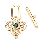 Brass Toggle Clasps, with Glass, Flower, Real 18K Gold Plated, 24x13.5x2mm, Hole: 1mm, Bar: 4x16x2mm, Hole: 1mm(KK-N054-150G)