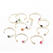 Enamel Safety Pin Shape Open Cuff Bangle, Golden Brass Jewelry for Women, Mixed Color, Inner Diameter: 2-1/4 inch(5.8cm)(BJEW-F445-18G)