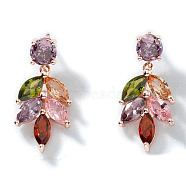 Sweet Brass Cubic Zirconia Earrings, Exquisite Summer Countryside Fashion Accessory, Leaf, 28x13mm(WI7590-1)