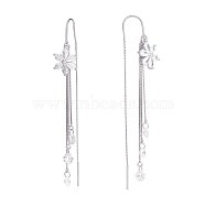 Clear Cubic Zirconia Flower with Chain Tassel Dangle Earrings, Rhodium Plated 925 Sterling Silver Long Drop Ear Thread for Women, Platinum, 75x11.7mm, Pin: 0.8mm(JE1046A)