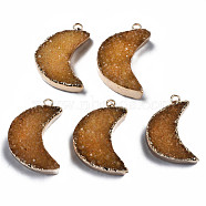 Natural Druzy Agate Pendants, Dyed, with Golden Plated Brass Edge and Loop, Moon, Goldenrod, 28~31.5x21~22.5x7.5~10.5mm, Hole: 2mm(G-Q998-037A)