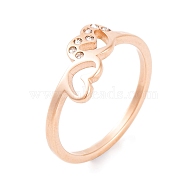 304 Stainless Steel with Rhinestone Heart Finger Ring for Women, Rose Gold, 7mm, US Size 6~9(16.5~18.9mm)(RJEW-C086-11-RG)