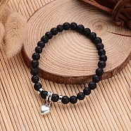 Natural Lava Rock Beaded Stretch Charm Bracelets, with Tibetan Style Antique Silver Alloy Charms, 58mm(BJEW-JB02095-02)