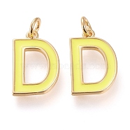 Brass Enamel Pendants, with Jump Ring, Long-Lasting Plated, Real 18K Gold Plated, Letter.D, Champagne Yellow, Letter.D, D: 17x11x1.8mm, Jump Rings: Inner Diameter: 3mm(KK-R139-02D)