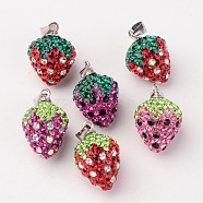 Polymer Clay Czech Rhinestone Pendants, Strawberry, with 925 Sterling Silver Finding, Mixed Color, 18x11.5mm, Hole: 3x4mm(RB-L028-M)