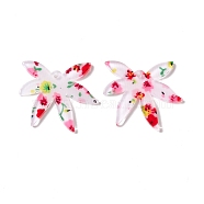 Transparent Acrylic Pendants, Leaf with Flower Pattern, Red, 27x30x2mm, Hole: 1.6mm(TACR-G037-A01)