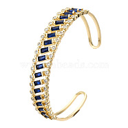 Cubic Zirconia Rectangle Open Cuff Bangle, Real 18K Gold Plated Brass Jewelry for Women, Nickel Free, Dark Blue, Inner Diameter: 2-1/2 inch(6.2cm)(BJEW-N014-025B)