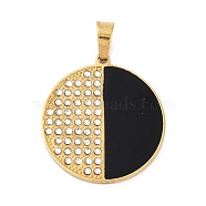 304 Stainless Steel Charms, with Rhinestone and Enamel, Real 18K Gold Plated, Black, Flat Round, 29.5x26.5x2mm, Hole: 6.5x4mm(STAS-M341-02G-03)