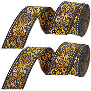 Ethnic Style Polyester Silk Grosgrain Ribbon, Double-Face, Floral Pattern, Black, 1/8 inch(3.3mm), about 7m/roll, 2 rolls(OCOR-GF0003-67B)