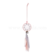 Handmade Round Leather Woven Net/Web with Feather Wall Hanging Decoration, with Iron Rings, Alloy Star Pendants & Wooden Beads, for Home Offices Amulet Ornament, Pink, 410mm(HJEW-G015-03)