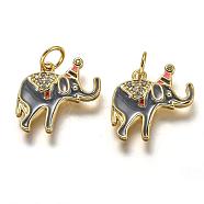 Brass Micro Pave Clear Cubic Zirconia Charms, Long-Lasting Plated, with Jump Rings & Colorful Enamel, Elephant Shape, Real 18K Gold Plated, 14x14x1.9mm, Hole: 3.3mm(ZIRC-B0003-21G)