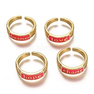 Brass Enamel Cuff Rings, Open Rings, Word, Real 18K Gold Plated, Long-Lasting Plated, Deep Pink, US Size 6, Inner Diameter: 17mm(RJEW-C100-30G-B)