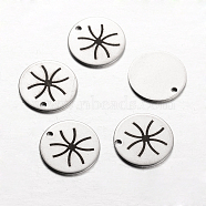Spray Painted Stainless Steel Charms, Flat Round with Pattern, Stainless Steel Color, 14x1mm, Hole: 1mm(STAS-I051-E04)
