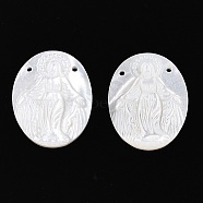 Natural White Shell Mother of Pearl Shell Pendants, Oval with Carved Virgin, Seashell Color, 20x15x2.5mm, Hole: 1mm(SSHEL-S264-010)