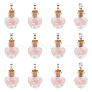 12Pcs Heart Glass Bottle with Rose Quartz inside Pendants, with 304 Stainless Steel Findings, 31x22x11mm, Hole: 7x4mm(FIND-UN0001-92)