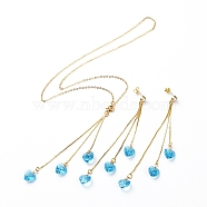 Stud Earrings & Pendant Necklaces Sets, with Heart Glass Charms, Brass Chain Chandelier Components Links & Cable Chains & Stud Earring Findings & Ear Nuts, with Cardboard Box, Deep Sky Blue, 470mm(SJEW-JS01075-04)