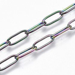 Ion Plating(IP) 304 Stainless Steel Paperclip Chains, Drawn Elongated Cable Chains, Soldered, Rainbow Color, 12x4x1mm, about 39.37 inch(1m)/strand(CHS-S006-JN957-3)