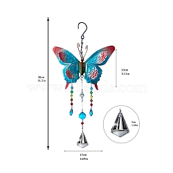 Metal Butterfly Wind Chimes, with Glass Charms, Hanging Ornaments, Deep Sky Blue, 360mm(PW-WG35278-01)