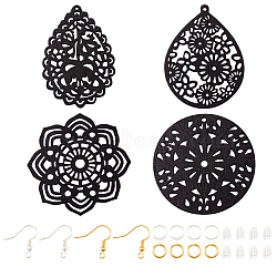 DIY Hollow Earring Making Kit, Inlcuding Teardrop & Flower Wood Pendants, Brass Earring Hooks & Jump Rings, Black, 56Pcs/box(DIY-TA0005-35)