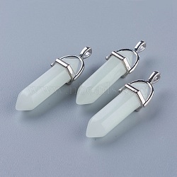 Synthetic Luminous Stone Double Terminated Pointed Pendants, Glow in the Dark, with Platinum Plated Alloy Findings, Bullet, Cyan, 40x13x10.5mm, Hole: 2x4mm(G-P359-03A)