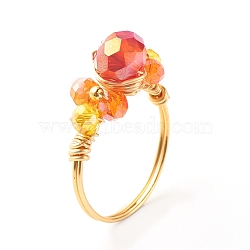 Electroplate Faceted Glass Beads Finger Ring, Real 18K Gold Plated Copper Wire Wrap Ring for Girl Women, Orange, US Size 8(18.1mm)(RJEW-TA00014-01)