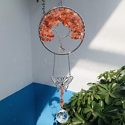 Glass Teardrop Pendant Decoration, Hanging Suncatchers, with Natural Carnelian Chip Tree of Life, for Window Home Garden Decoration, Butterfly, 370mm(DJEW-PW0019-05D)
