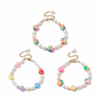 3Pcs 3 Style Natural Pearl & Polymer Clay Beaded Bracelets Set, Smiling Face & Sunflower & Fruit Stackable Bracelets for Women, Mixed Color, 6-7/8 inch(17.5cm), 1Pc/style