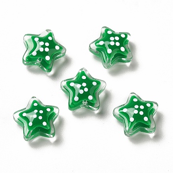 Transparent Glass Beads, with Polka Dot Pattern, Star, Green, 13x13x6.5mm, Hole: 1mm