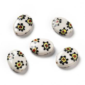 Handmade Printed Porcelain Beads, Oval with Sun Pattern, White, 18x14.5x5mm, Hole: 1.6mm