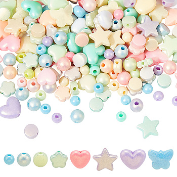 AHADERMAKER 220Pcs 8 Style Spray Painted Frosted Opaque Acrylic Beads, Butterfly & Heart & Round, Mixed Color, 6~12x6~14x4~7mm, 220pcs/box