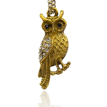 Antique Golden Plated Alloy Rhinestone Pendants, Owl for Halloween, Crystal & Jet, 32x12.5x6mm, Hole: 1.5mm
