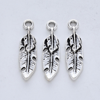 Tibetan Style Alloy Pendants, Cadmium Free & Lead Free, Feather, Antique Silver, 29x7.5x3mm, Hole: 2mm