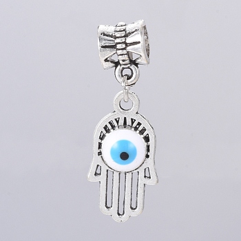 Antique Silver Plated Alloy European Dangle Charms, Large Hole Pendants, with Enamel, Hamsa Hand/Hand of Fatima/Hand of Miriam with Evil Eye, White, 31mm, Hole: 5mm, Hamsa Hand: 21x11x3mm