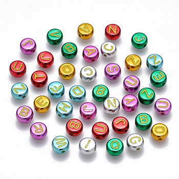 Plating Acrylic Beads, Horizontal Hole, Flat Round with Initial Letter, Mixed Color, Random Mixed Letters, 7x3.5mm, Hole: 1.2mm, 3600pcs/500g