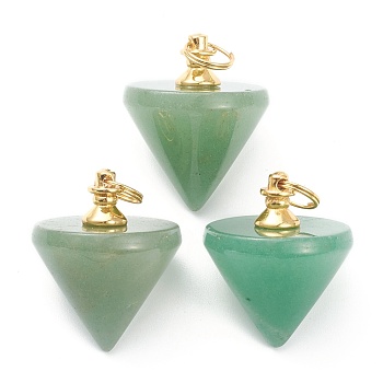 Natural Green Aventurine Pendants with Golden Brass Findings, Circular Cone, 32~34.5x27.5~28mm, Hole: 8.2mm