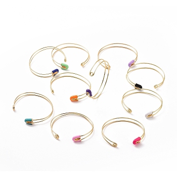 Enamel Safety Pin Shape Open Cuff Bangle, Golden Brass Jewelry for Women, Mixed Color, Inner Diameter: 2-1/4 inch(5.8cm)