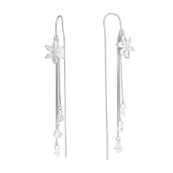 Clear Cubic Zirconia Flower with Chain Tassel Dangle Earrings, Rhodium Plated 925 Sterling Silver Long Drop Ear Thread for Women, Platinum, 75x11.7mm, Pin: 0.8mm