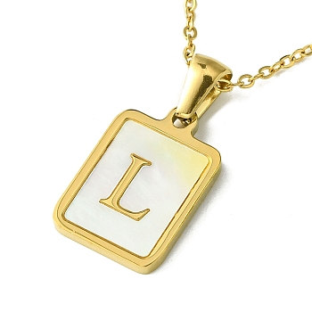 Ion Plating(IP) Rectangle with Initial Letter 304 Stainless Steel Pendant Necklace, white Shell, Real 18K Gold Plated, Letter L, 16.06 inch(40.8cm)