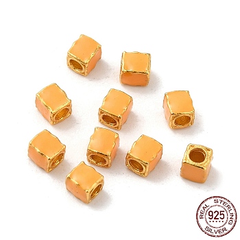 Matte Gold Color 925 Sterling Silver Beads, with Enamel, Square, Orange, 3x2.5x2.5mm, Hole: 1.4mm