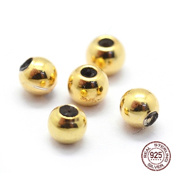 925 Sterling Silver Stopper Beads, with Rubber inside, Round, Golden, 3mm, Hole: 0.6mm