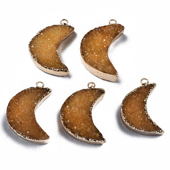 Natural Druzy Agate Pendants, Dyed, with Golden Plated Brass Edge and Loop, Moon, Goldenrod, 28~31.5x21~22.5x7.5~10.5mm, Hole: 2mm
